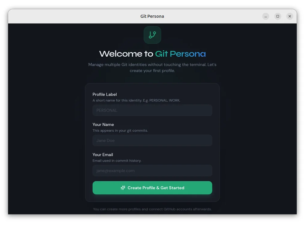 GitPersona desktop app welcome screen