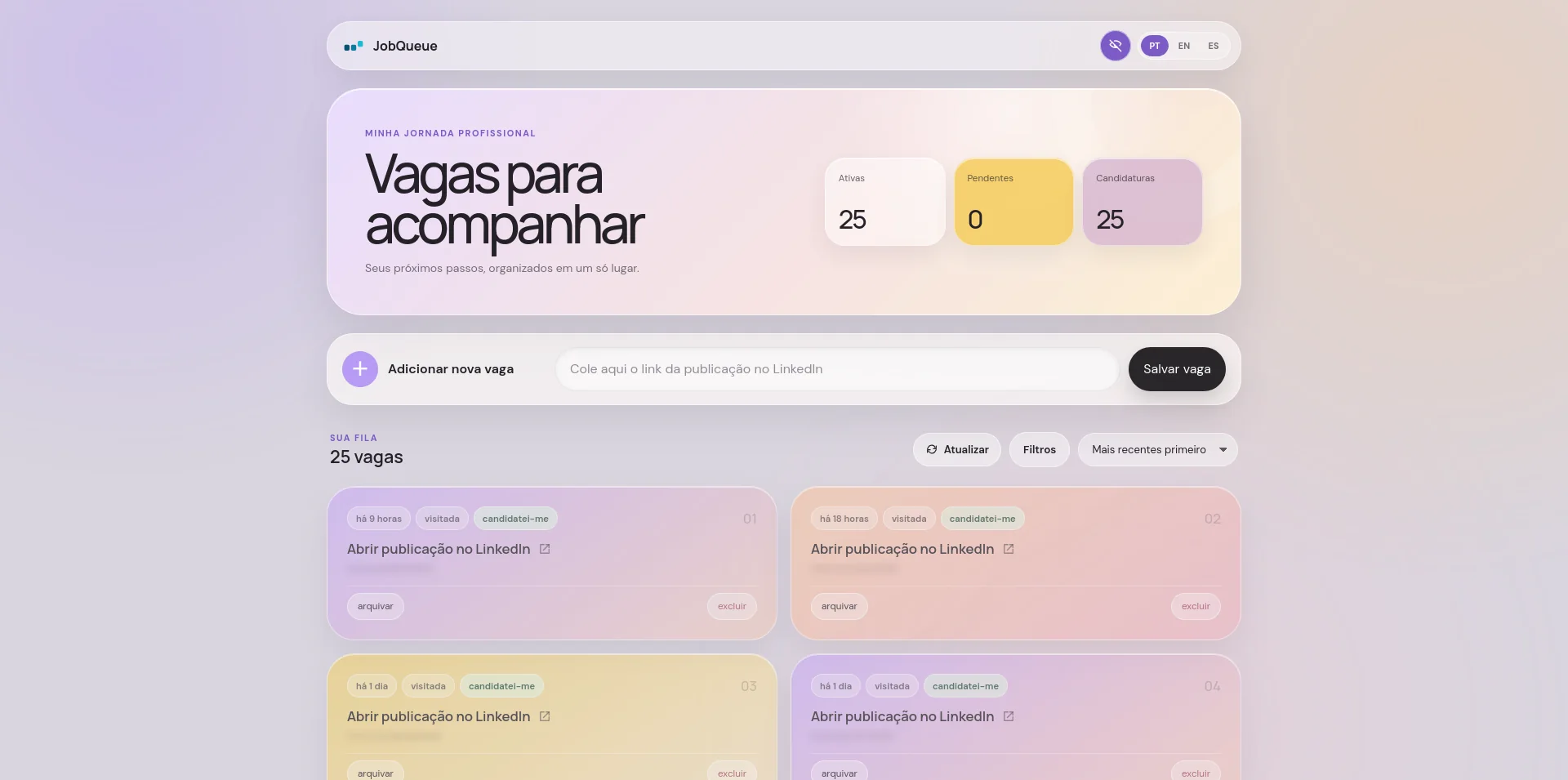 JobQueue web dashboard with saved jobs and application states