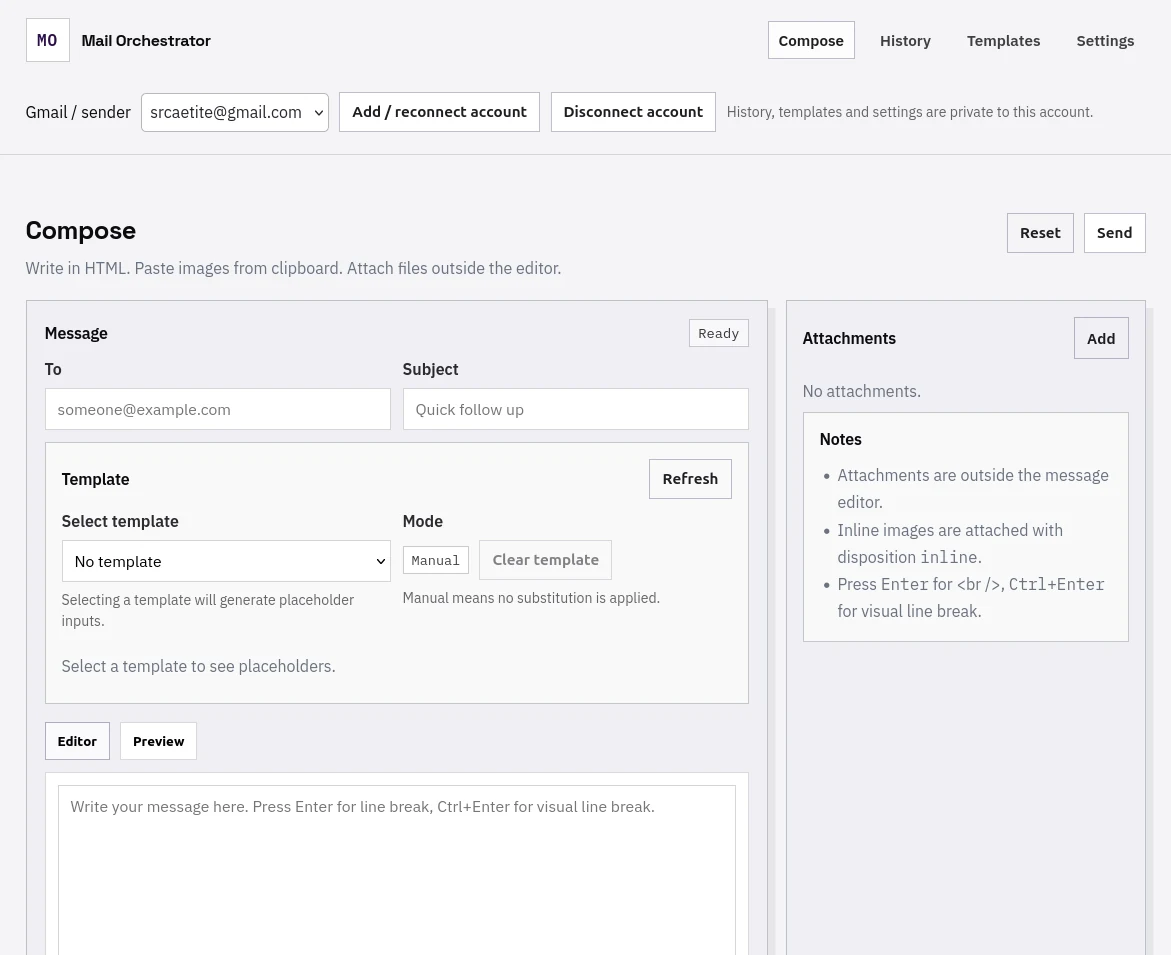 Mail Orchestrator message composition screen